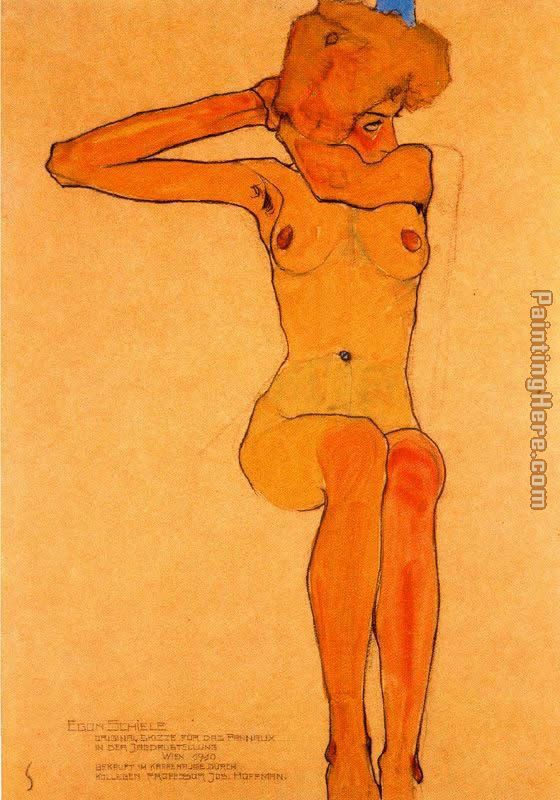 Nude woman hair-dressing painting - Egon Schiele Nude woman hair-dressing art painting